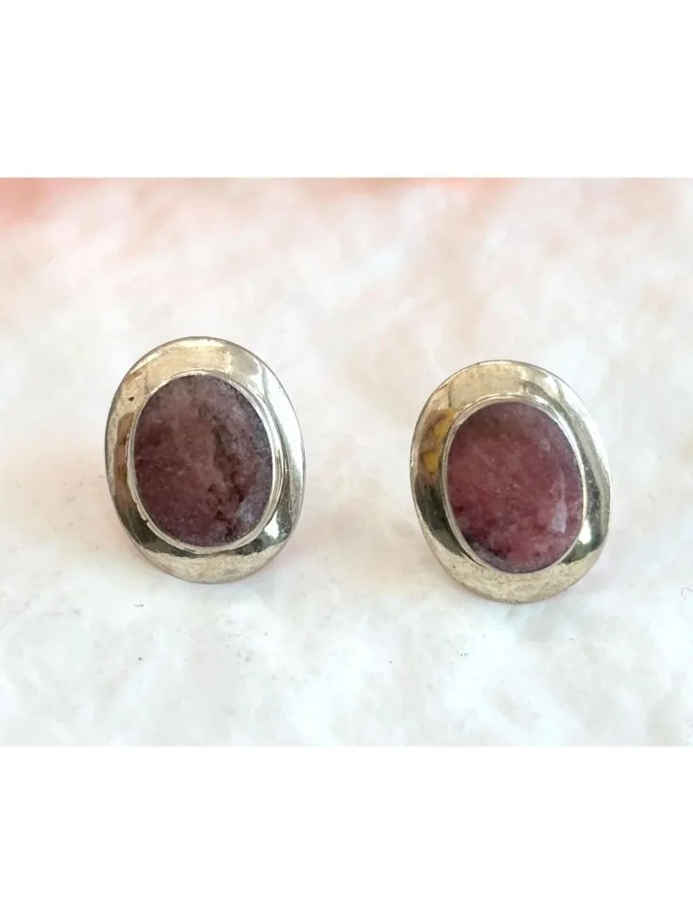 Natural Watermelon Rhodonite Gemstone Vintage Sterling Silver 925 Stud Earrings